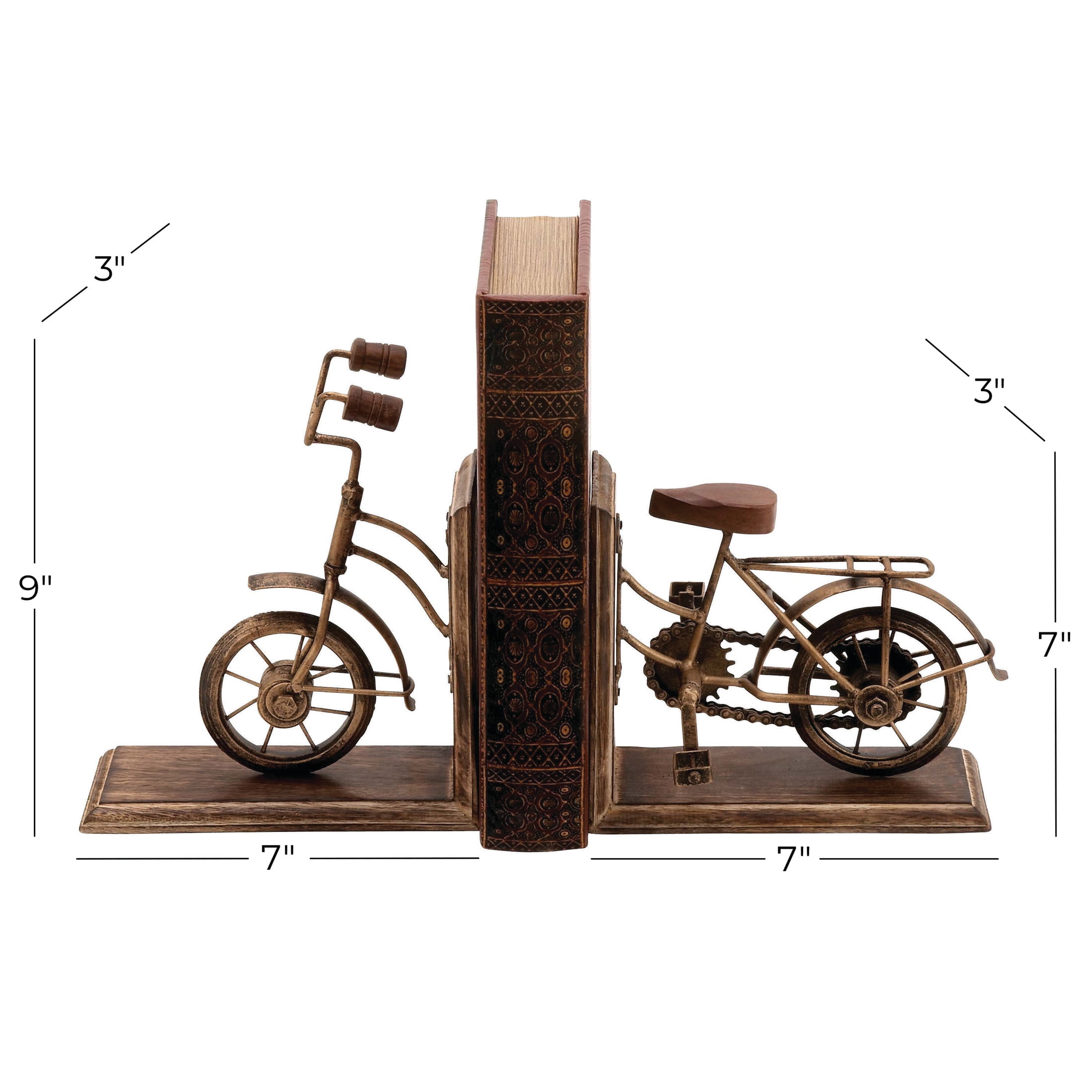 DecMode 7" Bike Brass Wood Bookends (Set of 2)