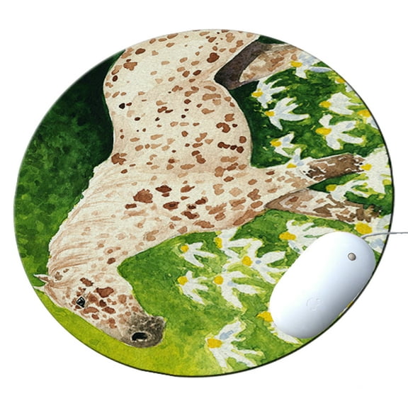 KuzmarK Round Mousepad / Hot Pad / Trivet - Leopard Appaloosa Horse with Daisies Art by Denise Every