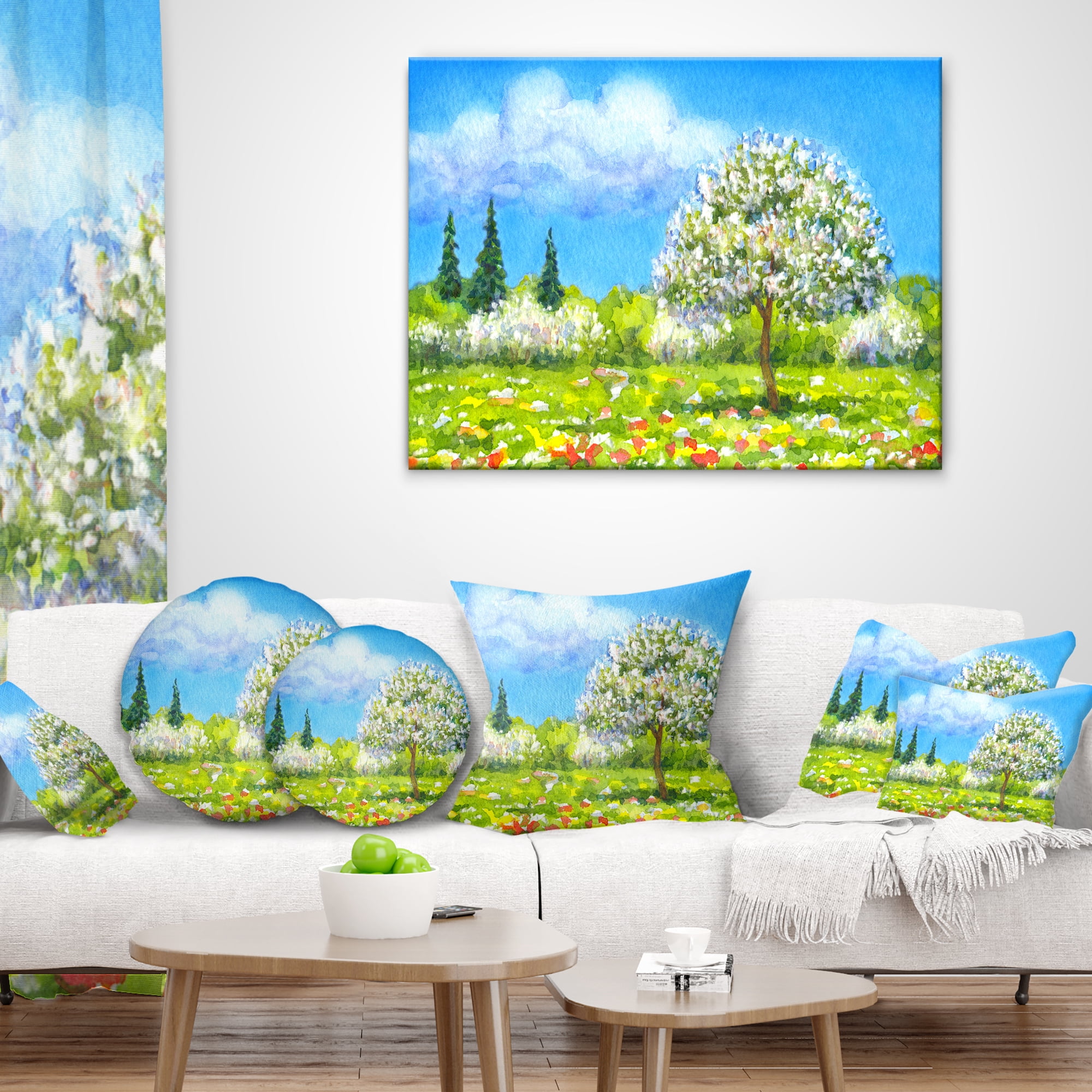 Designart Tree in Different Seasons - Watercolor Landscape Printed Throw Pillow - 18x18