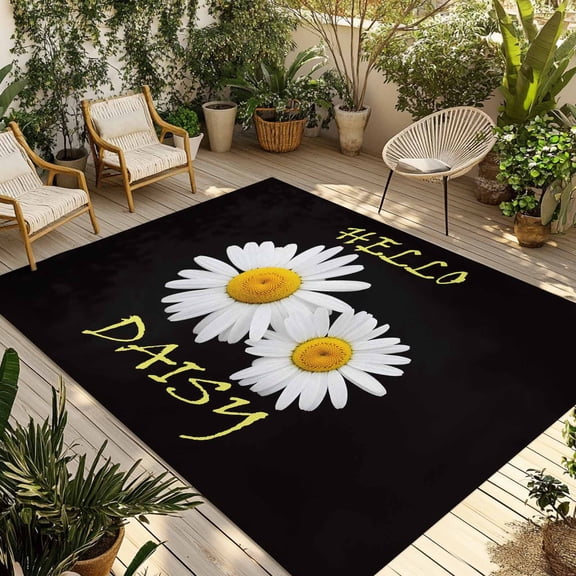 White Daisy Outdoor Rug for Patio/Deck/Porch, Non-Slip Large Area Rug 6 x 9 Ft, Spring Hello Daisy Floral Black Indoor Outdoor Rugs Washable Area Rugs, Reversible Camping Rug Carpet Runner