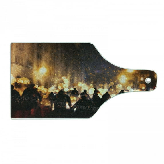 Zombie Cutting Board, Burning Town Urban Chaos with Human Silhouettes in Street Pattern Print, Tempered Glass Cutting and Serving Board, Wine Bottle Shape, Amber Mauve Seal Brown, by Ambesonne