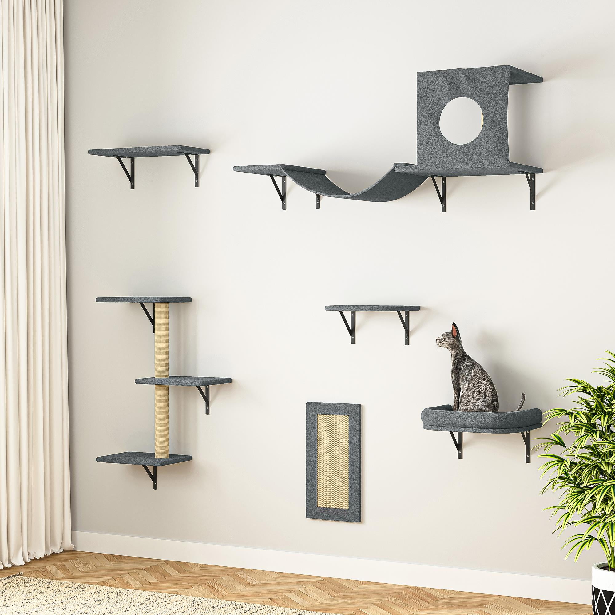 Pefilos Cat Wall Shelves and Perches Set of 6 with Cat Perch, Indoor Cat Condo for Sleeping Playing Lounging Climbing Cat Tree House, Gray Pefilos Cat Wall Shelves and Perches Set of 6 with Cat Perch, Indoor Cat Condo for Sleeping Playing Lounging Climbing Cat Tree House, Gray