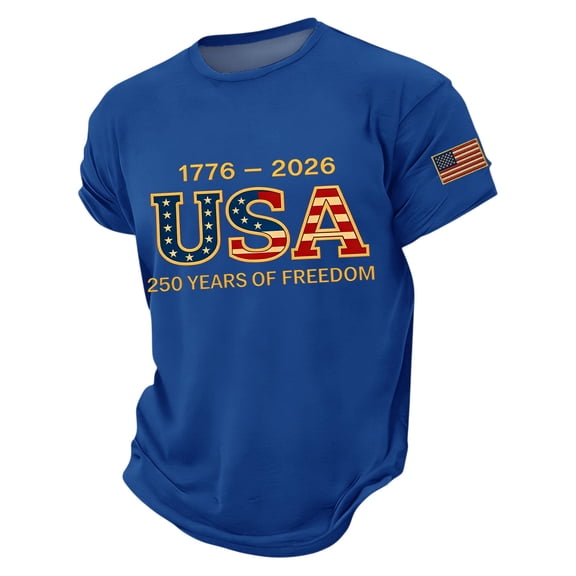 YNGKMEA Men's 250 Years Anniversary Shirts Patriotic Usa Flag Tops Independence Day Short Sleeve Pullover Loose Fit Crew Neck 250th Birthday T-Shirt Royal Blue 4XL