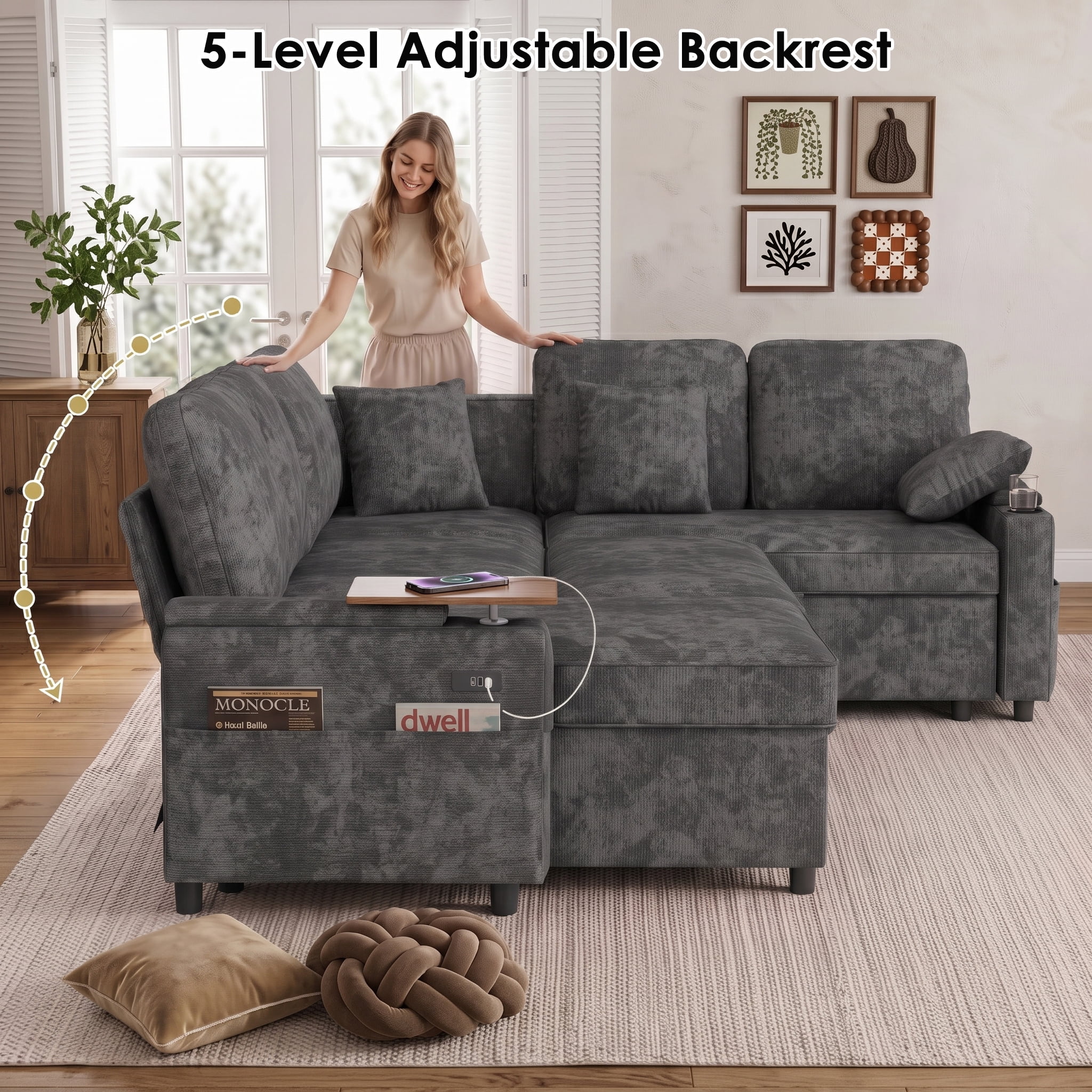 Xiweot 108" Modular Sectional Sleeper Sofa with Pull Out Couch, L Shaped Sofa Bed with Storage Chaise, Adjustable Backrest, USB Ports & Small Table, 7 Seaters Chenille Sofa for Living Room (Gray)
