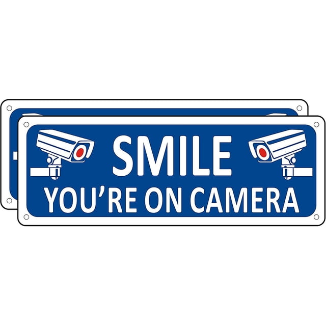 Smile Your on Camera Signs, (2 Pack) Metal Video Surveillance Signs Outdoor, 10 x 3.5 Camera Signs for Home Security, Blue Aluminum CCTV Sign