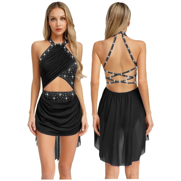 YONGHS Women Lyrical Dance Dresss Rhinestone Halter Leotard Tailskirts Modern Ballet Dancewear Black XL