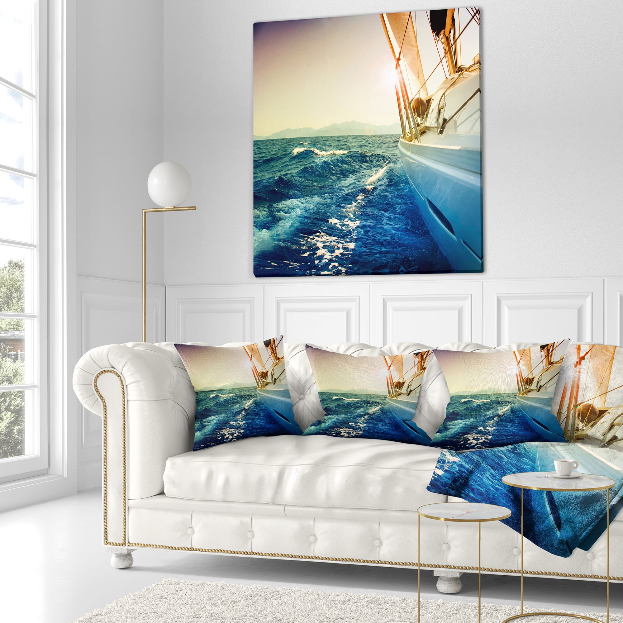 Designart Sepia toned Yacht Sailing in Sea - Seashore Throw Pillow - 18x18