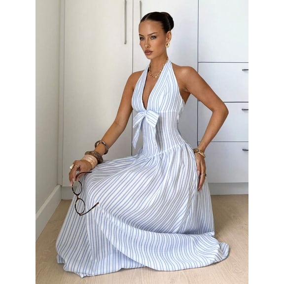 Blue And White Vertical Striped Deep V-Neck Halter Bow Front Smocked Waist Flowy A-Line Maxi Dress