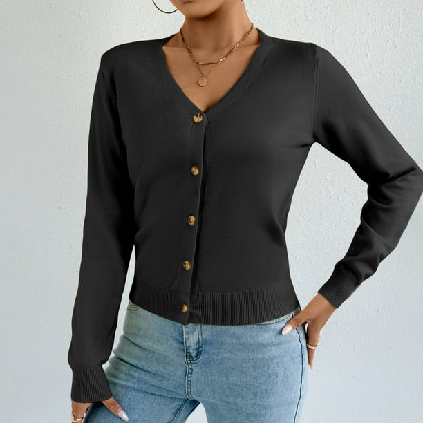 Suéter de cuello en V para mujer, suéter de punto de color liso con cuello en V, cárdigan con botones, blusa para mujer