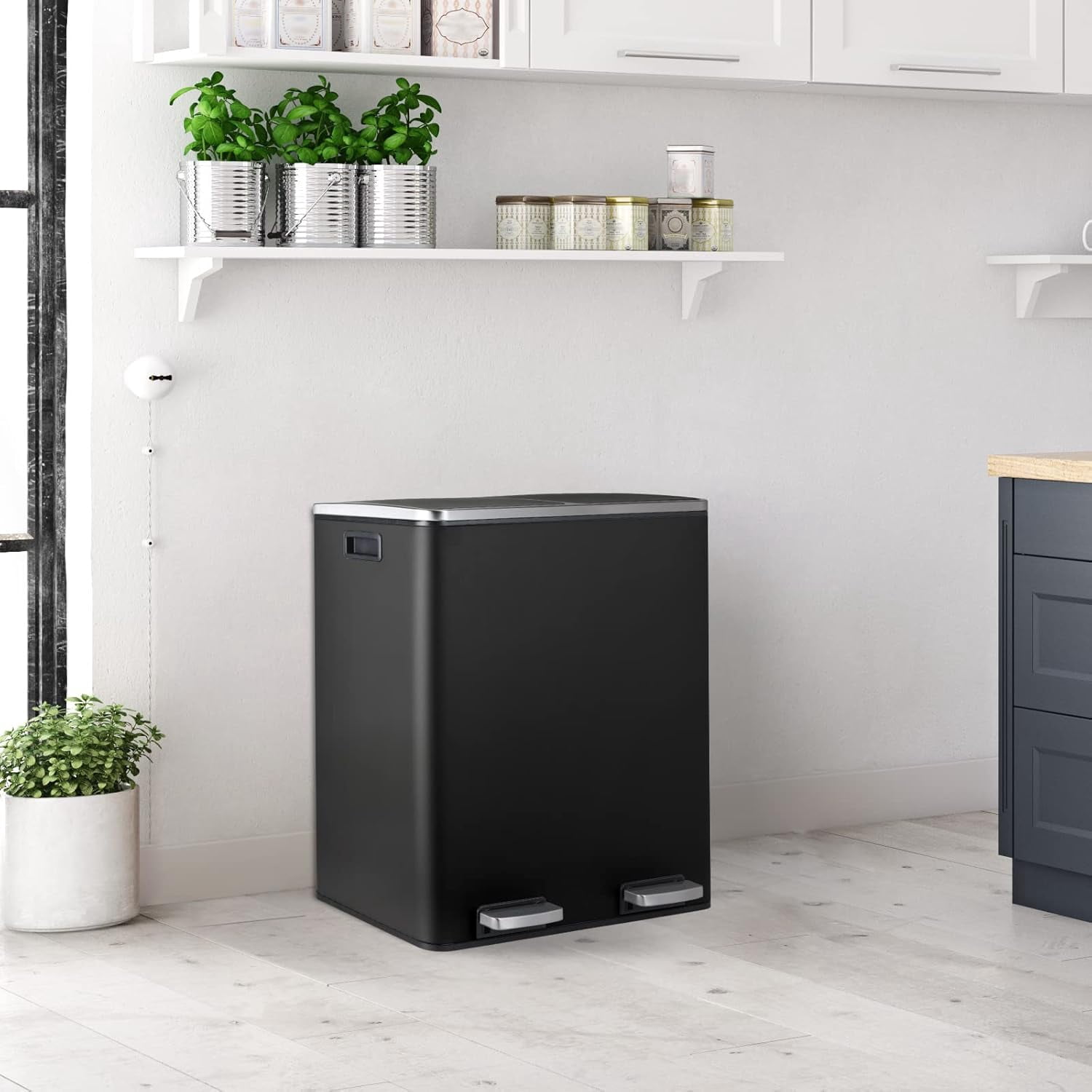 Arlopu 60 L/16 gal Dual Trash Can, Stainless Steel Garbage Can for Kitchen, Recycle Bin with Lid