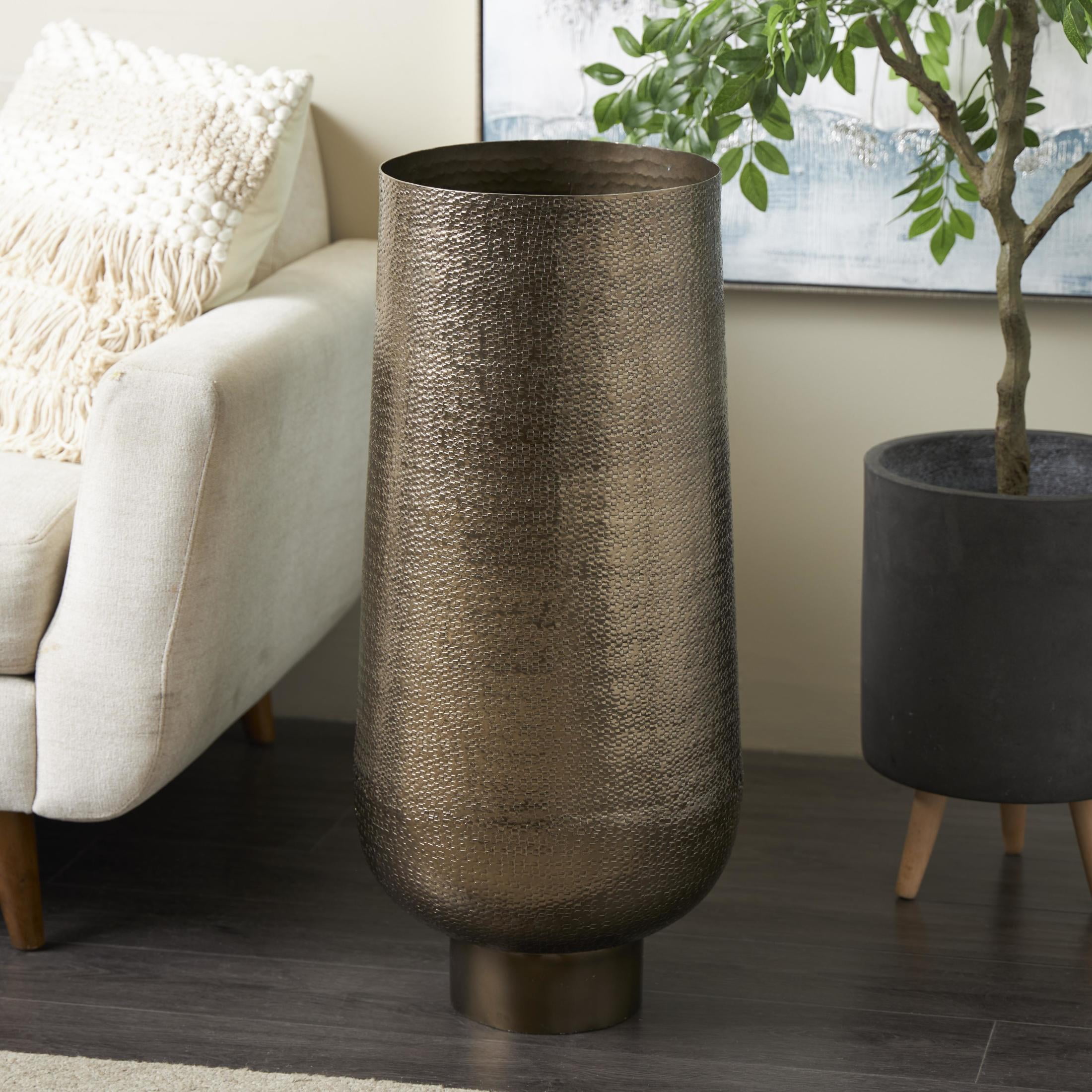 DecMode 31" Geometric Textured Wide Floor Brass Aluminum Metal Vase with Elevated Base