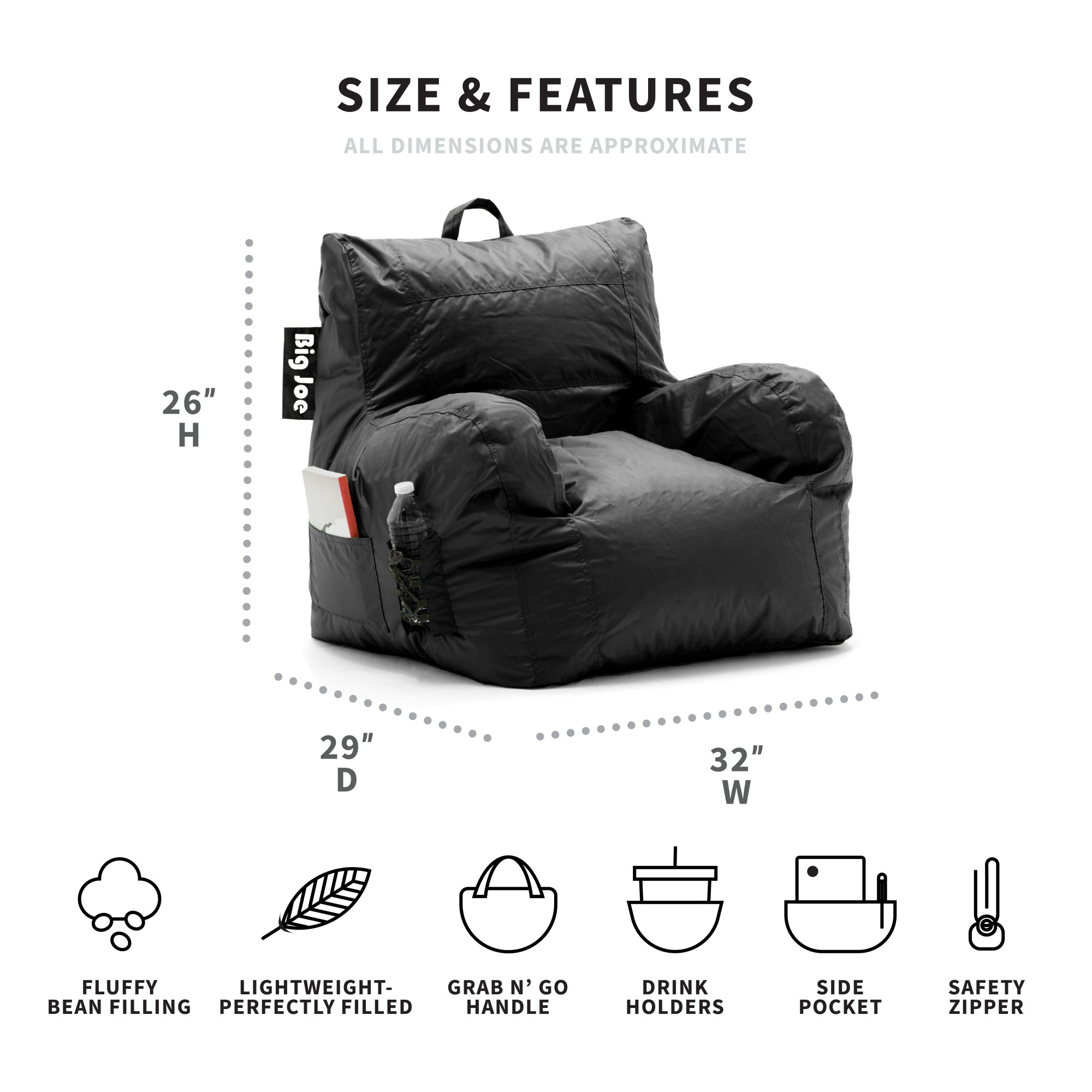 Big Joe Dorm Bean Bag Chair with Drink Holder and Pocket, Black Smartmax, Durable Polyester Nylon Blend, 3 feet - image 4 of 10