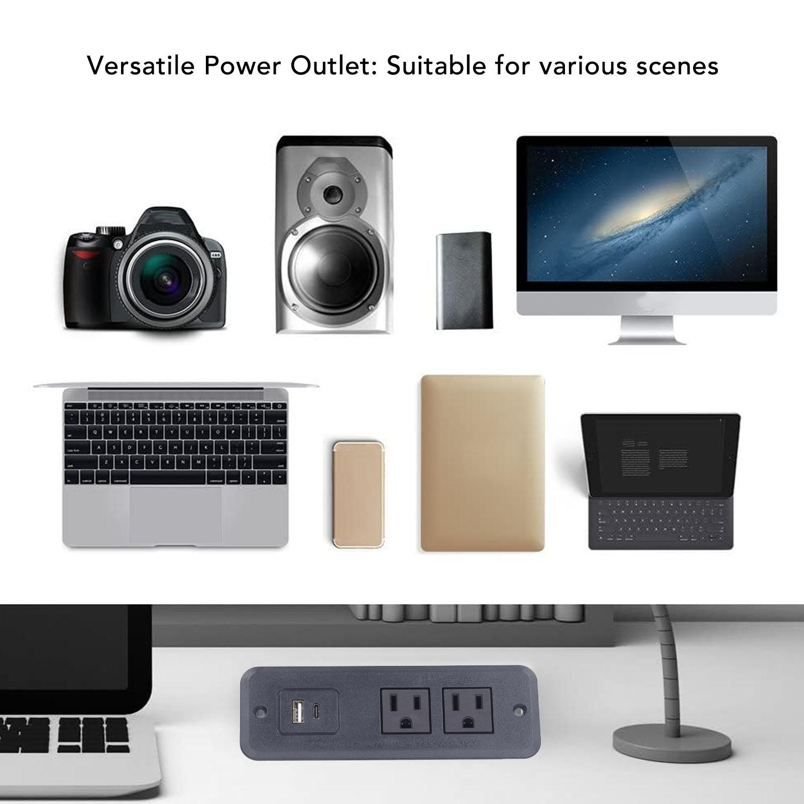 Yajisi 2‑Socket Recessed Power Strip with USB‑C PD20W Fast‑Charge, Fire‑Resistant ABS, Flush‑Mount Design for Desk & Home