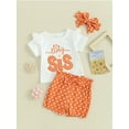 thumbnail image 3 of Bslissey Toddler Little Girls 3Pcs Summer Outfits Short Sleeve Letter Print T-shirt Tops + Dot Shorts + Bow Headband Sets Infant Casual Cute Clothes 12M 18M 24M 3T 4T 5T, 3 of 9