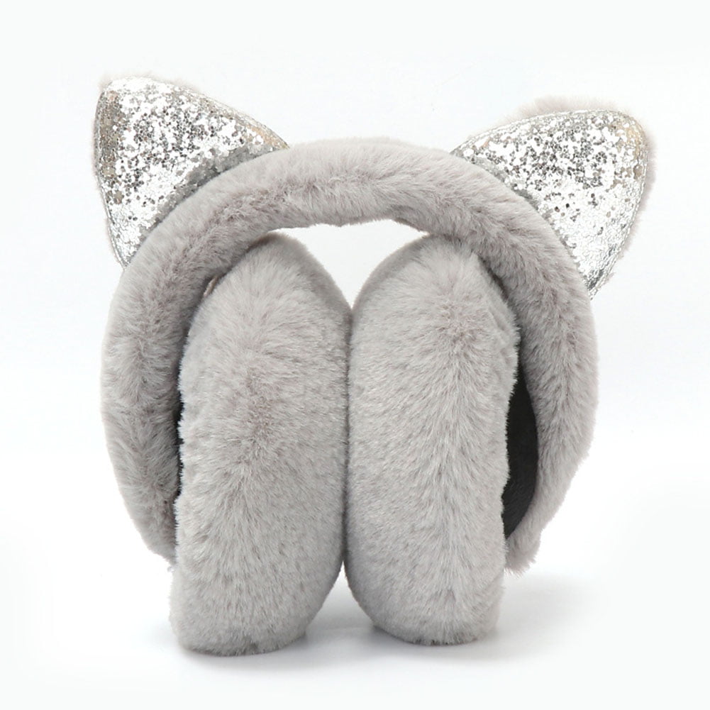Transer  Women Girl Cartoon Cat Ears Muffs Windproof Sequin Glitter Winter Warm Earmuffs Adjustable Headband White 