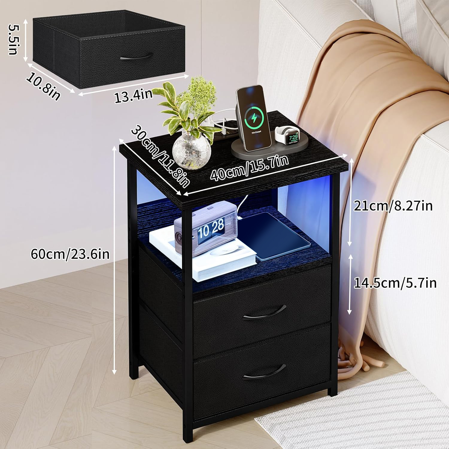 Tomnk Nightstands Set of 2, LED Black photo 8