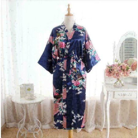 

Bride Long Women Kimono Robe Satin& Silk Night Dressing Gown 120cm/47inch Navy blue