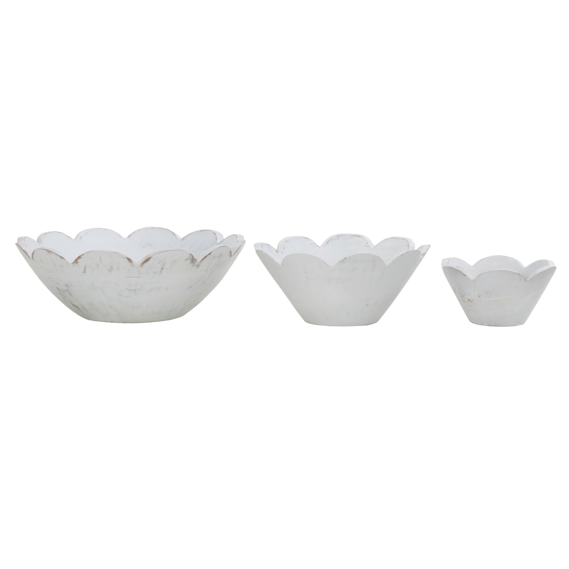 DecMode 12", 9", 6"W Handmade Round Floral White Mango Wood Decorative Bowl, Set of 3