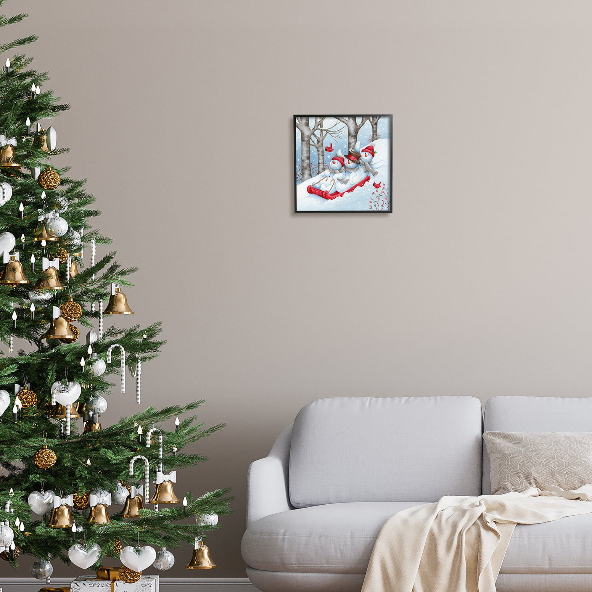 Stupell Industries Happy Snowman Trio Sledding Holiday Painting Black Framed Art Print Wall Art, 12 x 12