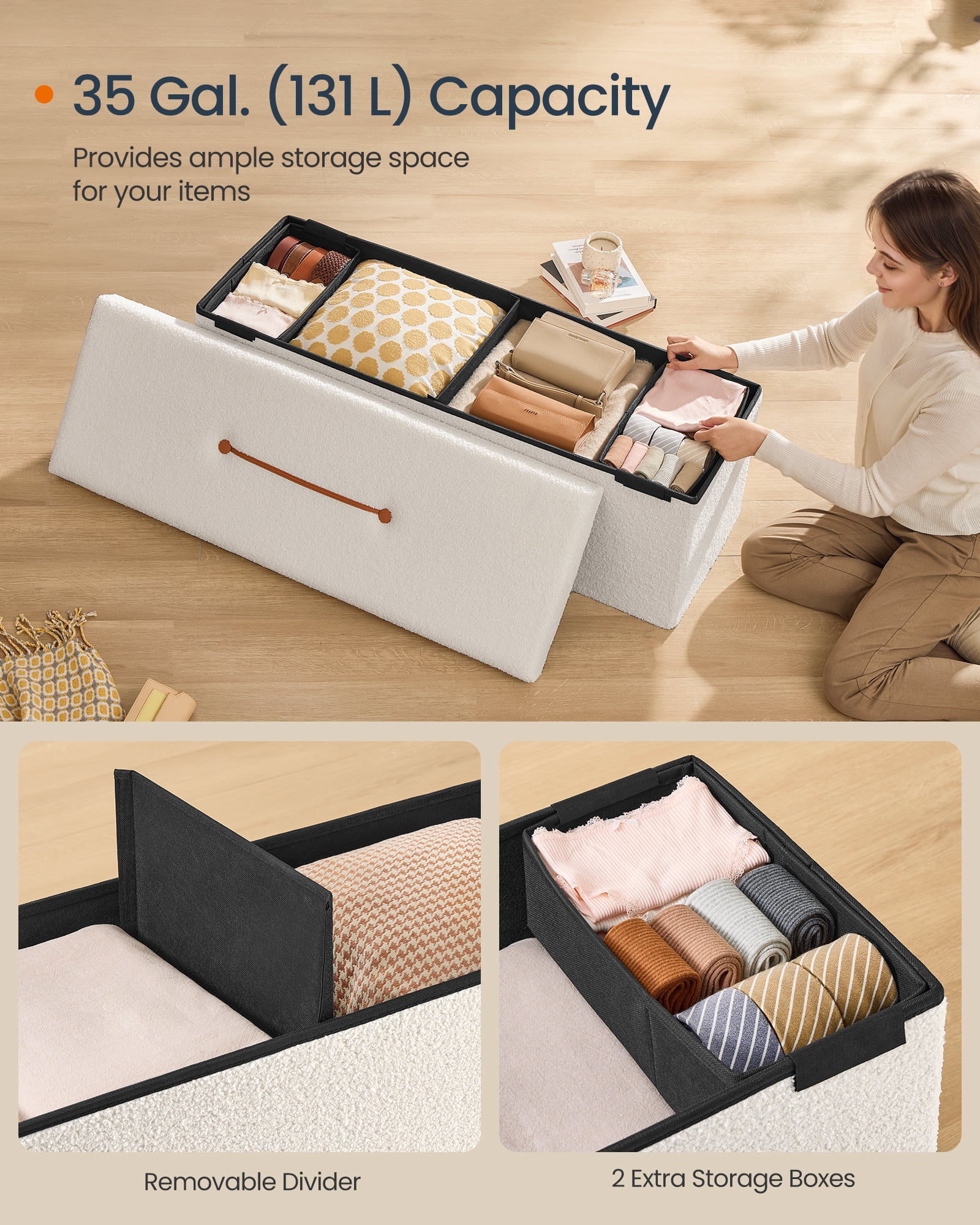 SONGMICS HOME 43" Storage Ottoman Bench Folding Ottoman with Storage Load up to 660 lb for Living Room Bedroom Cream White