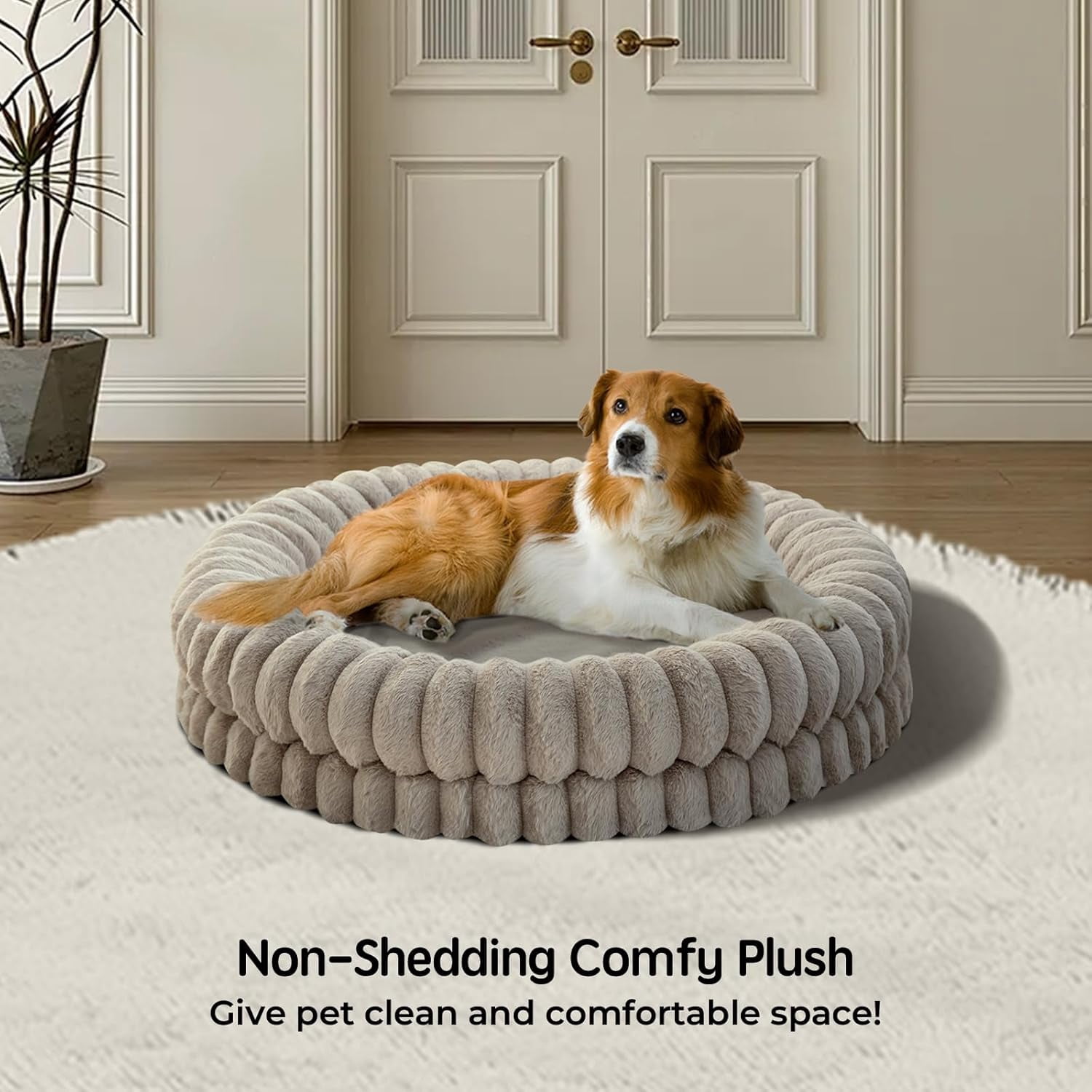 Luxury Donut Dog Bed, 36 Inches Round Dog Beds Large Sized Dogs Washable, Orthopedic Calming Dogs Bed for Pets with Anti-Slip Bottom, Oatmeal