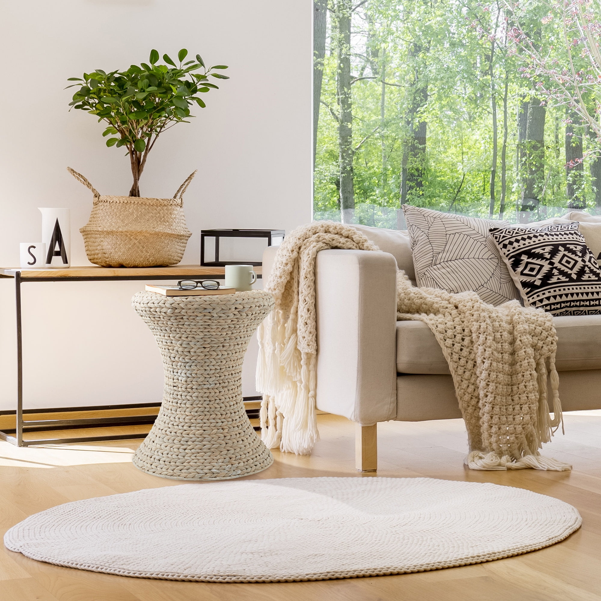 Casafield Hourglass Side Table - Whitewash White, Handwoven Water Hyacinth, Boho Wicker End Table for Bedroom, Entryway, Living Room, Office
