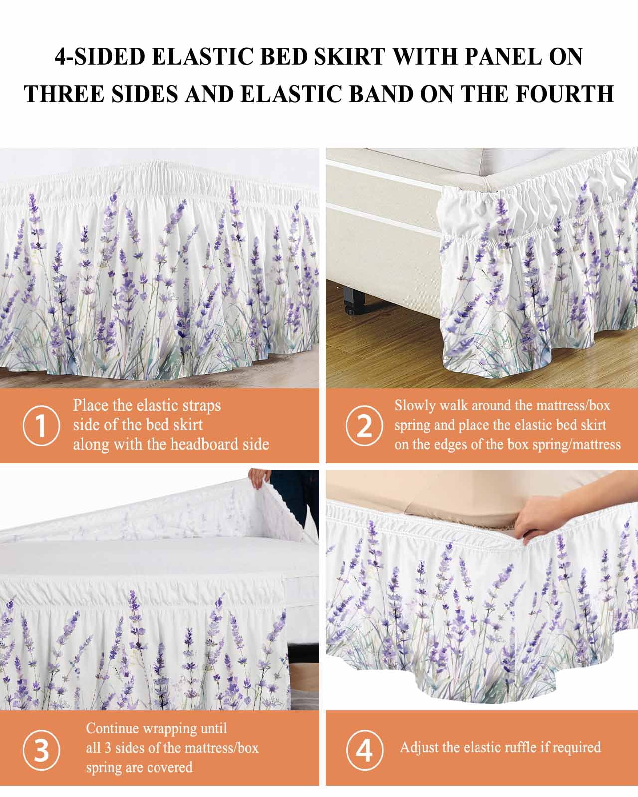 Lavender Floral Wrap Around Bed Skirts for Queen Bed 18" Drop, Bed Skirt with Adjustable Elastic Belt Dust Ruffle Bed Valance for Bedroom Hotel Luxury Spring Flowers Botanical Plants Bed Frame Cover