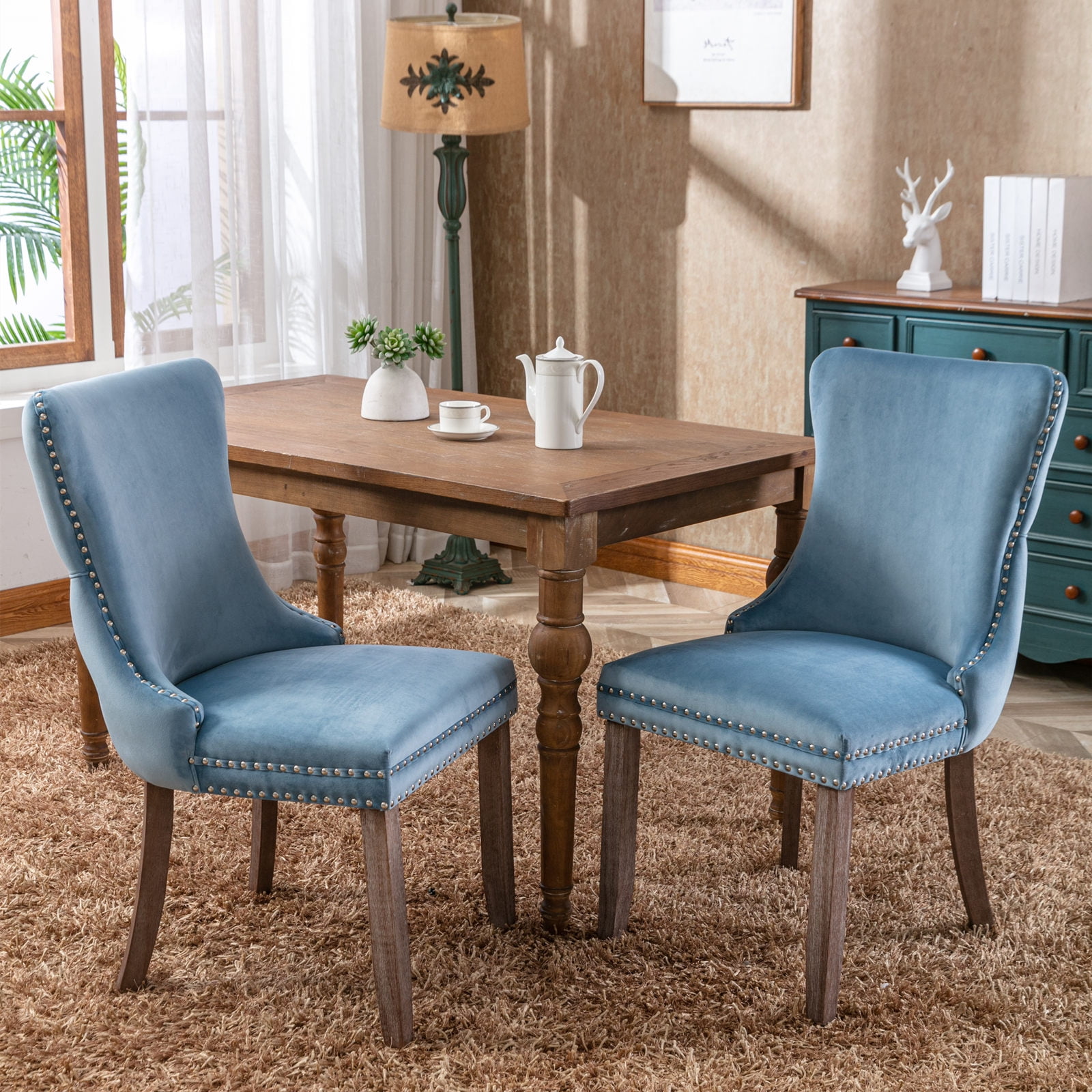 Resenkos Set of 2 Modern Dining Chairs Upholstered Accent Chair, Mid Century Armless Leisure Chair with Wood Legs, Light Blue