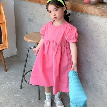 

Bullpiano Girls Summer Korean Sweet Temperament Bubble Sleeve Solid Color Dress Gentle Temperament Floral Dress