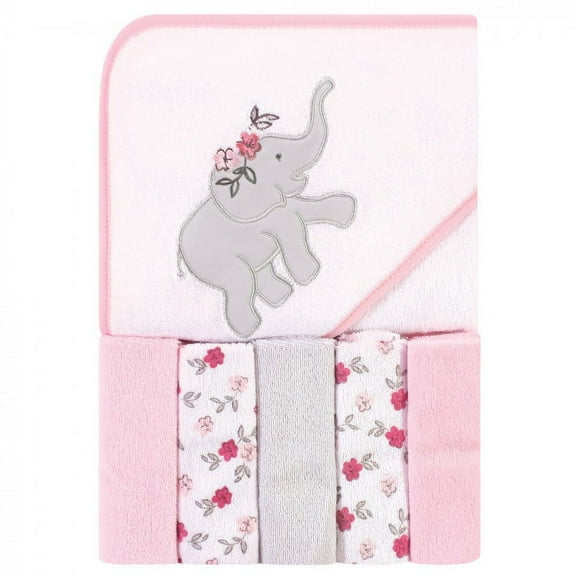 Hudson Baby Infant Girl Hooded Towel and Five Washcloths, Floral Elephant, One Size
