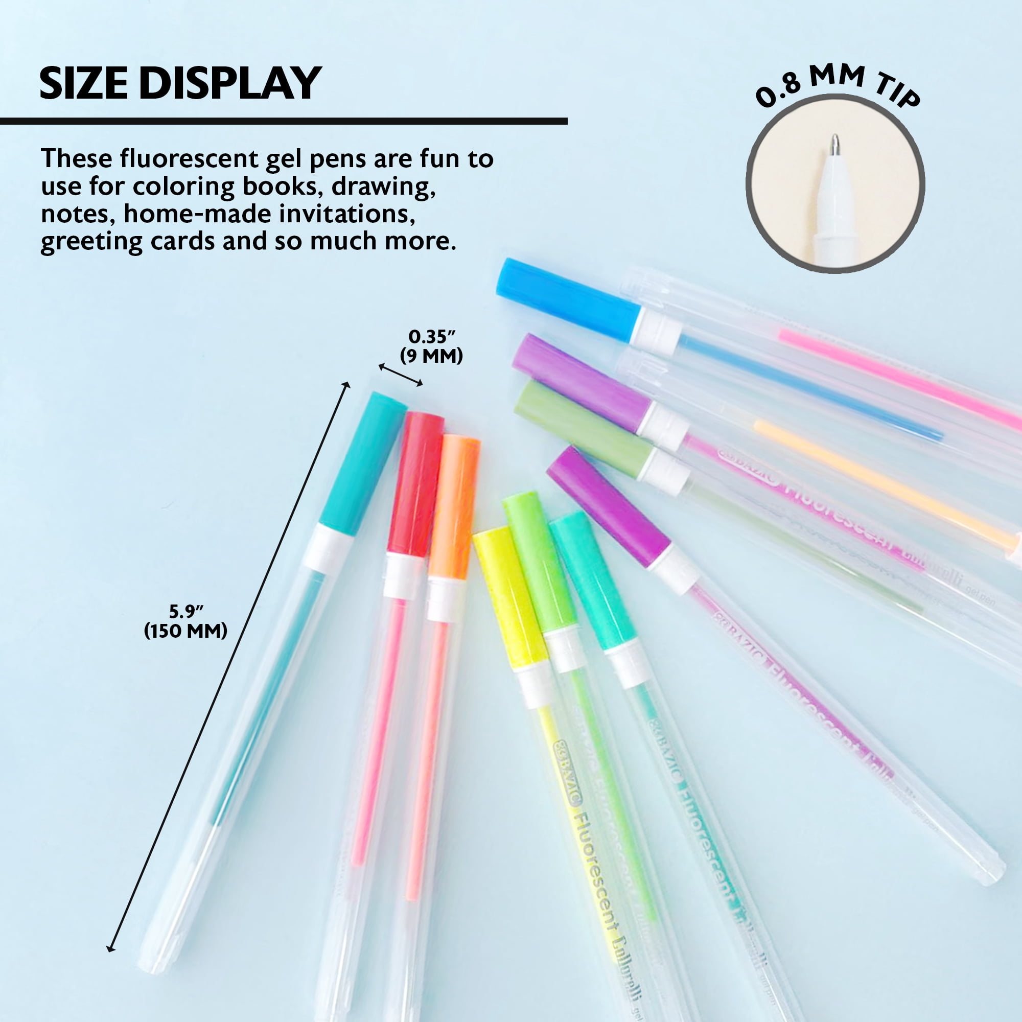 BAZIC Collorelli Gel Pen 0.8mm Neon Color, Smooth Write, (12/Pack), 24-Pack