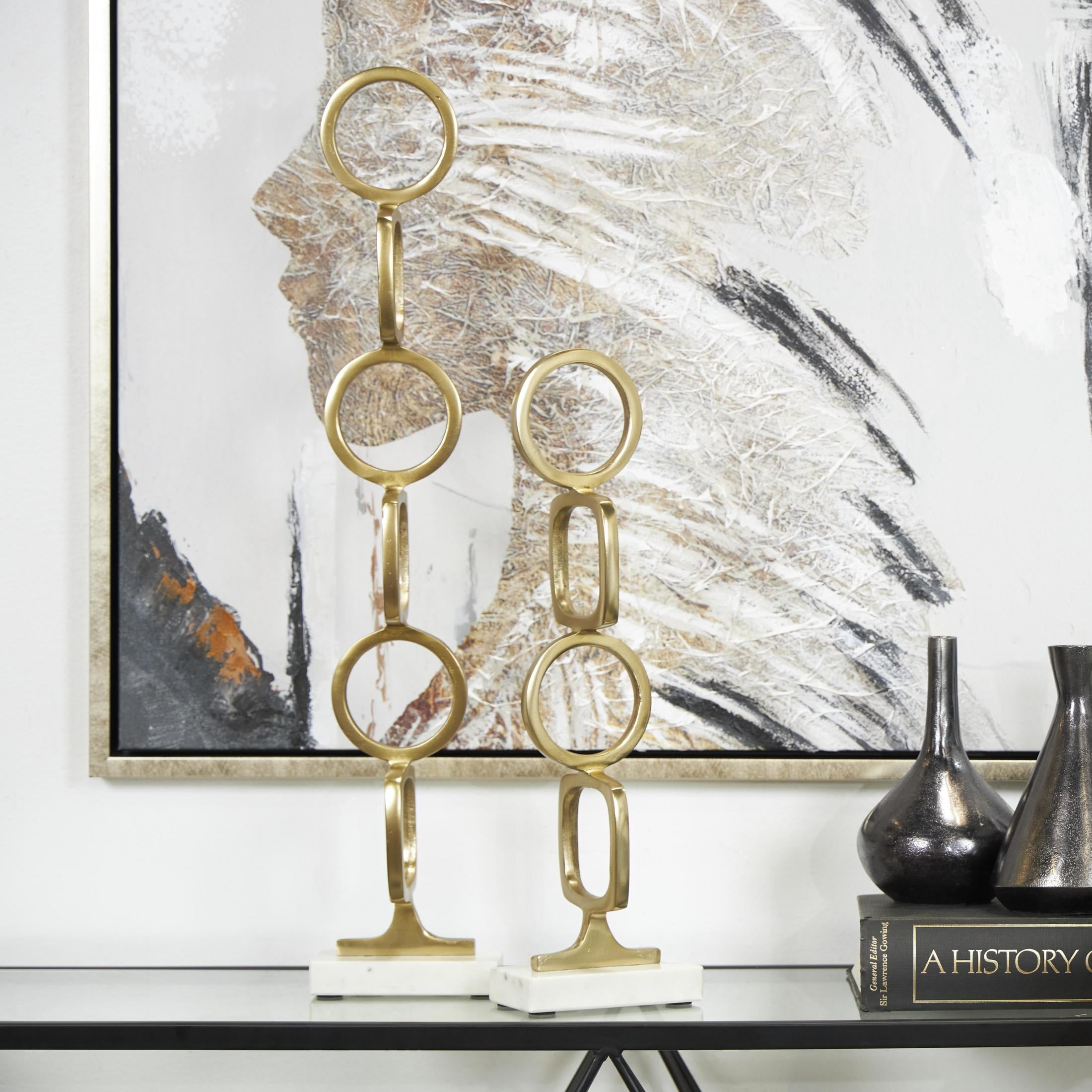 28", 19"H Gold Aluminum Metal Stacked Geometric Rings Abstract Sculpture with Marble Bases, by DecMode (2 Count)