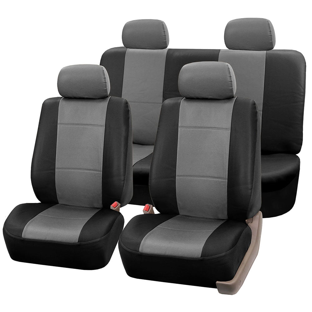 Fh Group Universal Fit Seat Cover Faux Leather Gray Black Full Set With 4 Headrest Covers