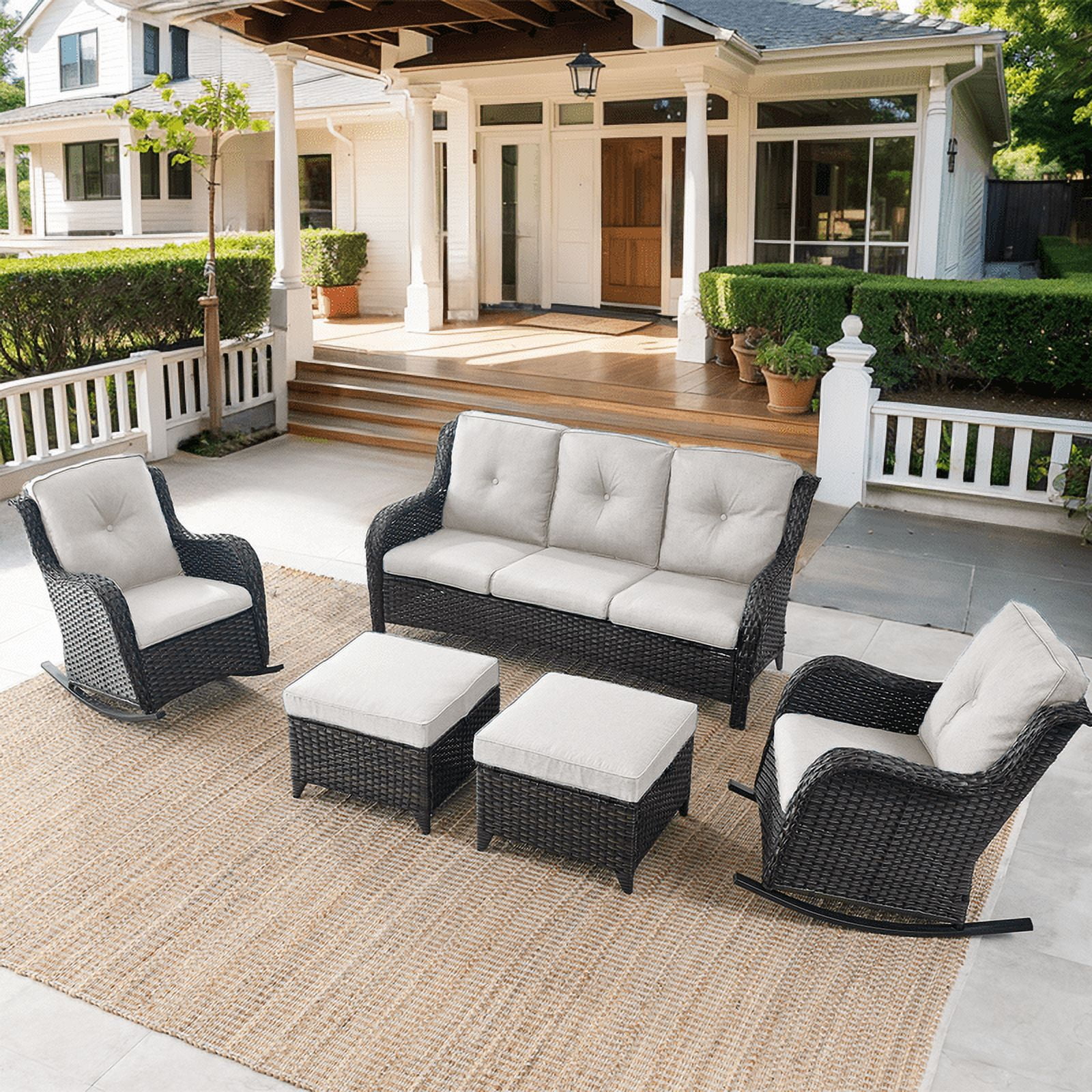 PARKWELL 5-Piece Outdoor Wicker Conversation Set Patio Furniture Couch Rocking Chairs Set with Ottoman,Beige