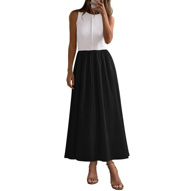 Vestido PRETTYGARDEN Maxi sin mangas con patchwork negro y blanco Talla S