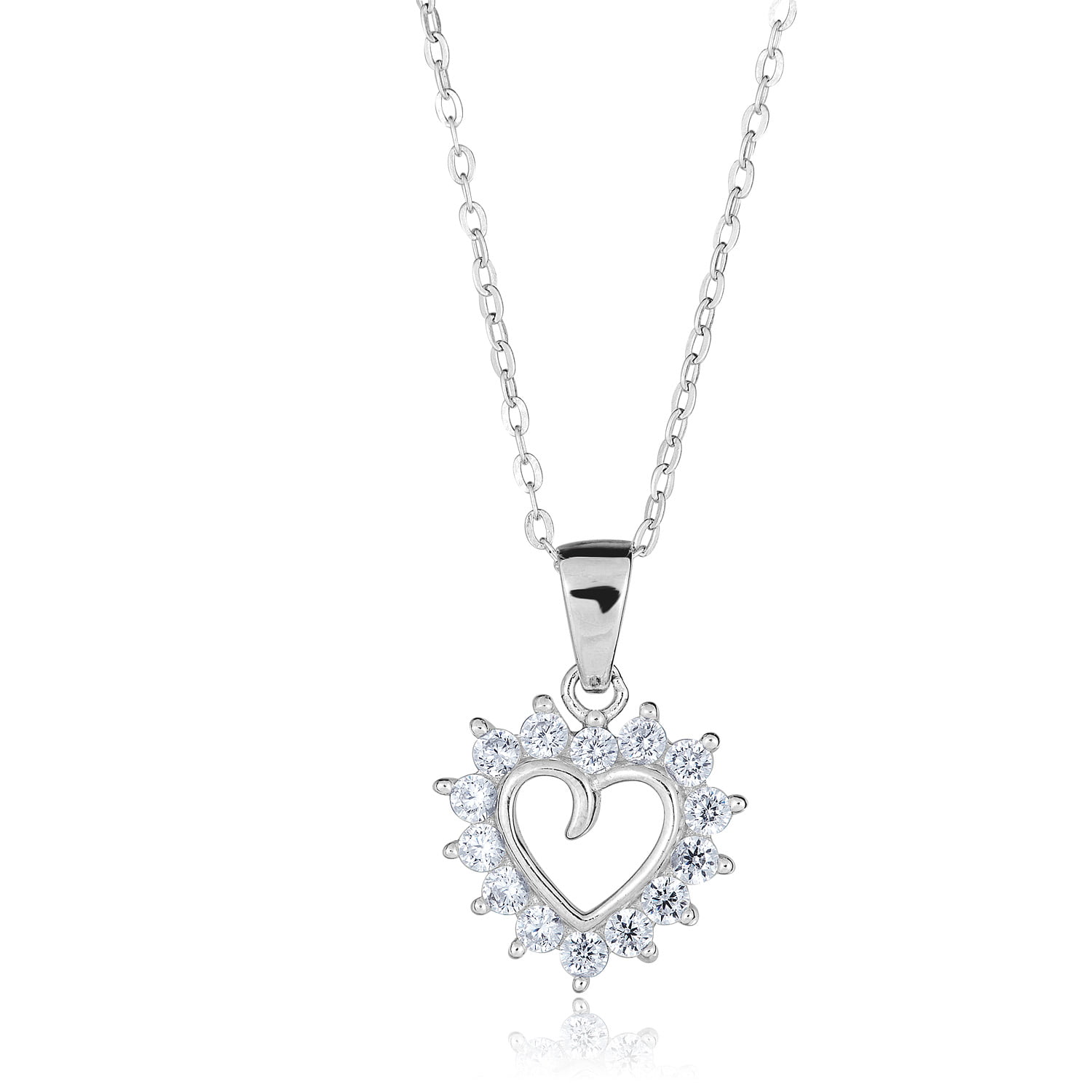 Gold-Tone Heart Pendant Necklace Clear Simulated CZ .925 Sterling Silver 