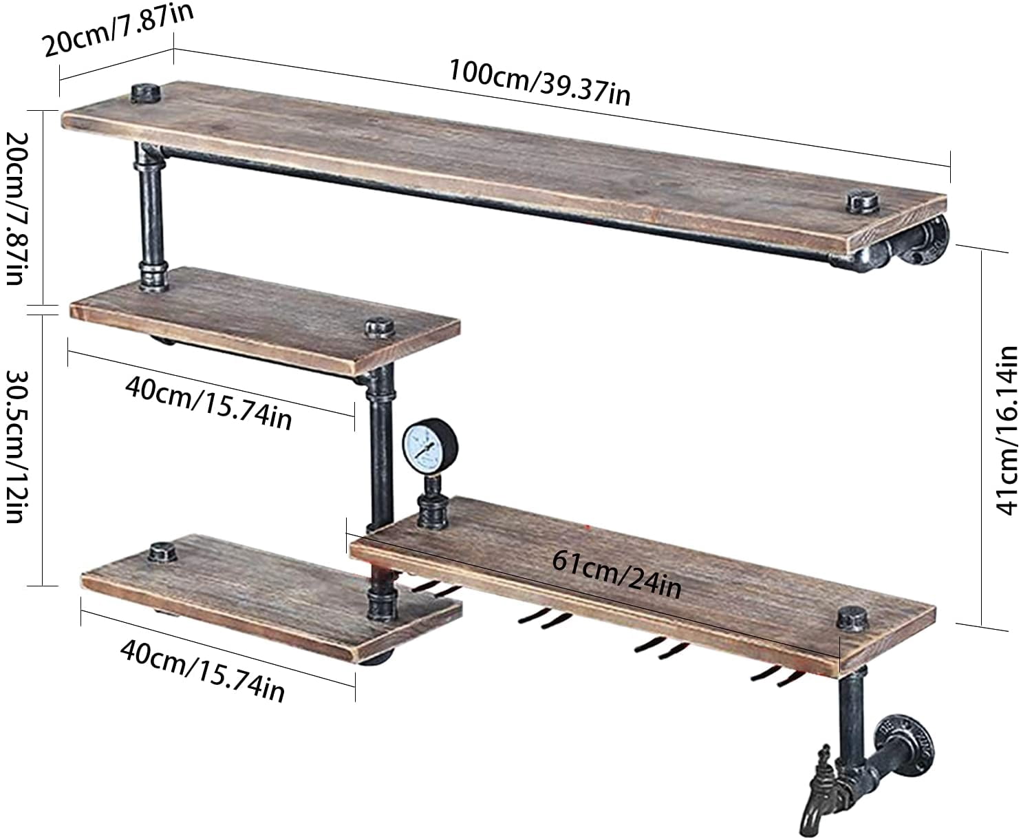 Wall Mounted Floating Shelf Industrial Pipe Shelf with 4 Stem Glass Holder Wooden Wine Shelf for Home Kitchen Living Room