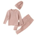 thumbnail image 2 of Odeerbi Toddler Boys Girls Knit Sweater Outfits Baby Infant Keep Warm Sweater 2024 Long Sleeve Tops Pants Solid Color Clothes Hat Set Pink 12-18 Months, 2 of 4