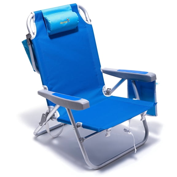 Sunnyfeel Low Beach Chair 5 Position Lay Flat, Portable Lightweight Folding Backpack Chair with Cooler Bag, Blue