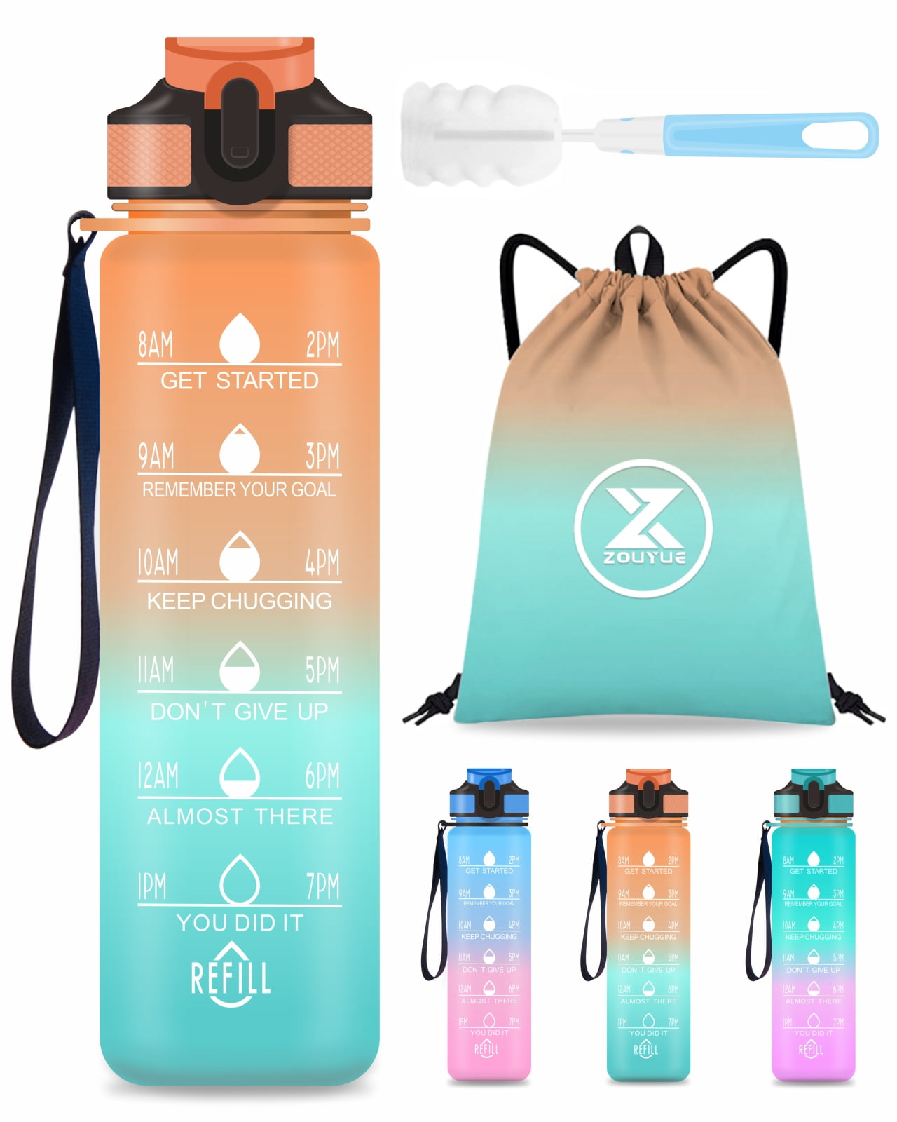 Work Travel and Outdoor Sports 1 Liter Handle & Sieve 32oz/1000ml, Green to Pink Frosted Fast-Flow Drinking Bottle for Gym 32oz Daily Water Bottle with Motivational Time Marker 1000ml Reusable Tritan Plastic BPA Free Leakproof Durable Water Jug 