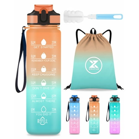 32oz Water Bottle with Time Marker & Straw lid for Gym,Motivational Fitness Sports Water Jug with Removable Strainer,Dishwasher Safe,Leakproof,Safety Lock,No BPA,Orange+green