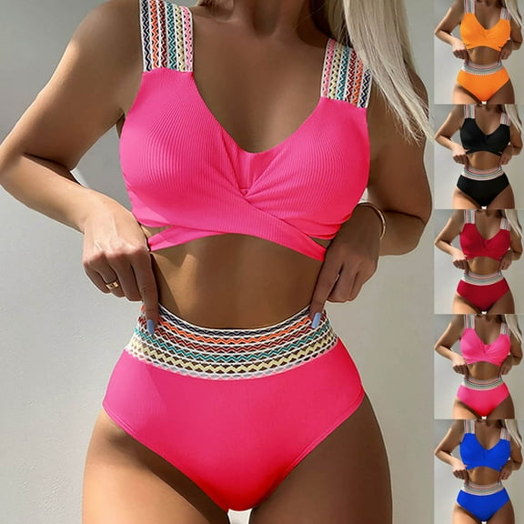 UTSJKR Women's Two Piece Ribbed Swimsuit Summer Beach Fashion Twist Front High Waisted Bikini Sets Bathing Suits Black L