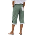 thumbnail image 4 of Cagogo Womens Capri Pants Cotton Linen Elastic Waist Striped Casual Loose Fit High Waisted Cropped Pants with Pockets Beach Vacation Summer Trousers Flowy Lounge Outfits, Green M, 4 of 6