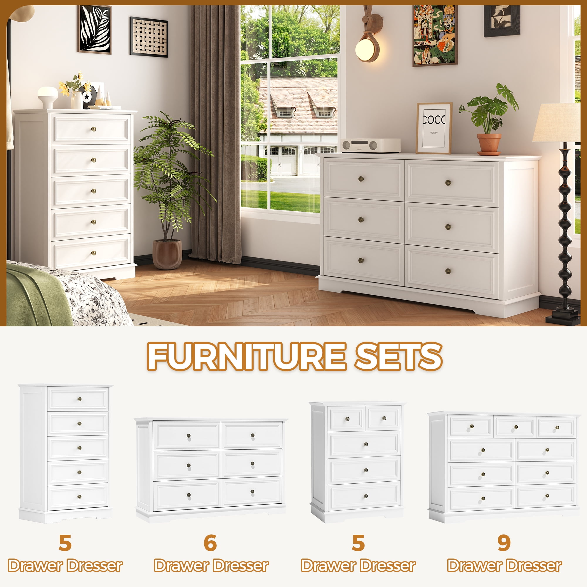 5 Drawer Dresser, Wood Chest of Drawers for Bedroom, Retro Storage Cabinet Dresser Organizer Unit with Antique Bronze Round Handles for Living Room, Closet, Hallway, Entryway