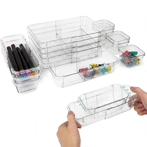 14 Pack Expandable Drawer Organizer Bins, Adjustable Clear Plastic Drawer Divider Trays for Kitchen Bathroom Vanity Desk Storage