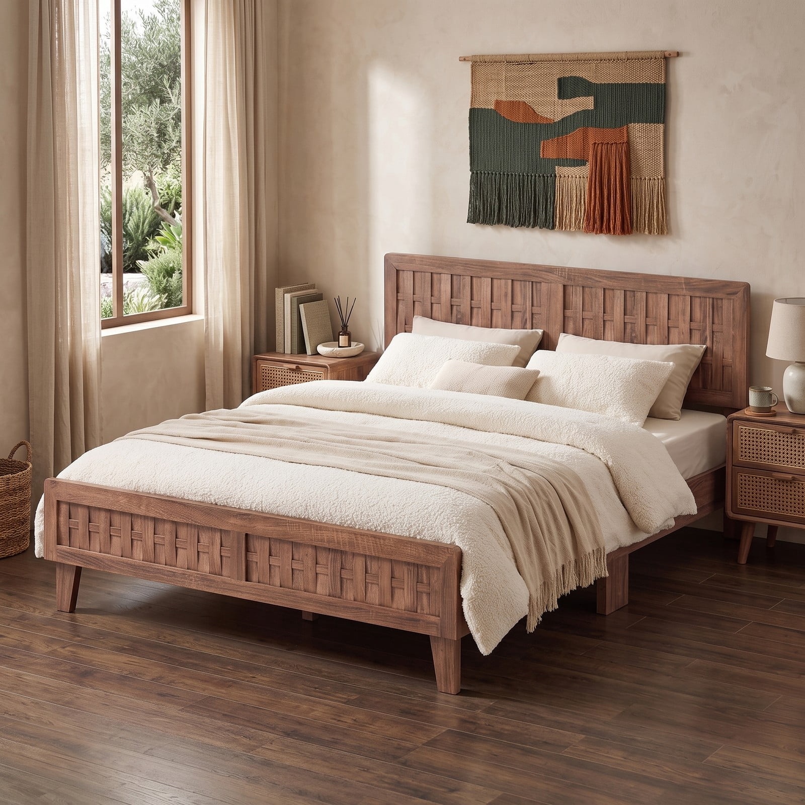 Furnibear Queen Size Mid Century Wood Platform Bed Frame with Woven Accent Headboard and Footboard for the Bedroom, Walnut