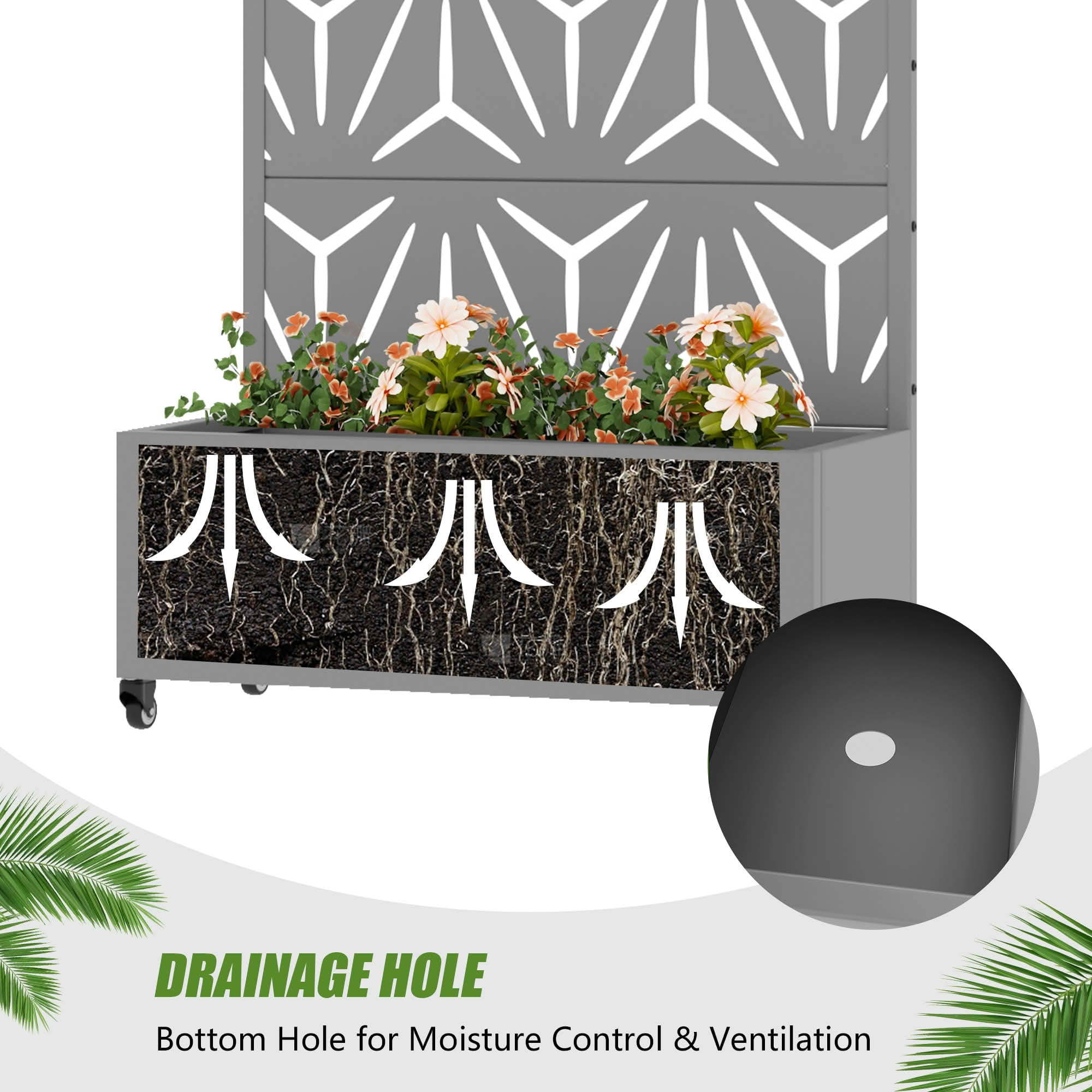 MAYEERTY 72X35" Metal Outdoor Gray Privacy Screen with Planter Box for Backyard & Garden, 5 Piece Set