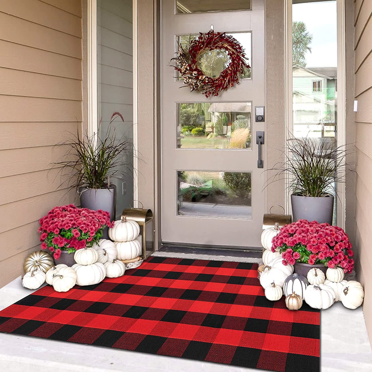 iOhouze Cotton Red Buffalo Plaid Check Rug 3x5 Outdoor Doormat Washable