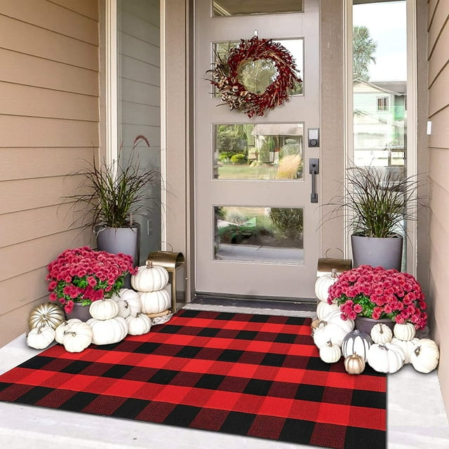 iOhouze Cotton Red Buffalo Plaid Check Rug 3x5 Outdoor Doormat Washable