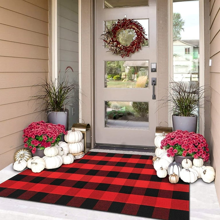 iOhouze Cotton Red Buffalo Plaid Check Rug 3x5 Outdoor Doormat Washable  Woven Outdoor Indoor Welcome Mats for Front Door/Farmhouse/Entryway/Home  Entrance Black and Red Outdoor Rug 